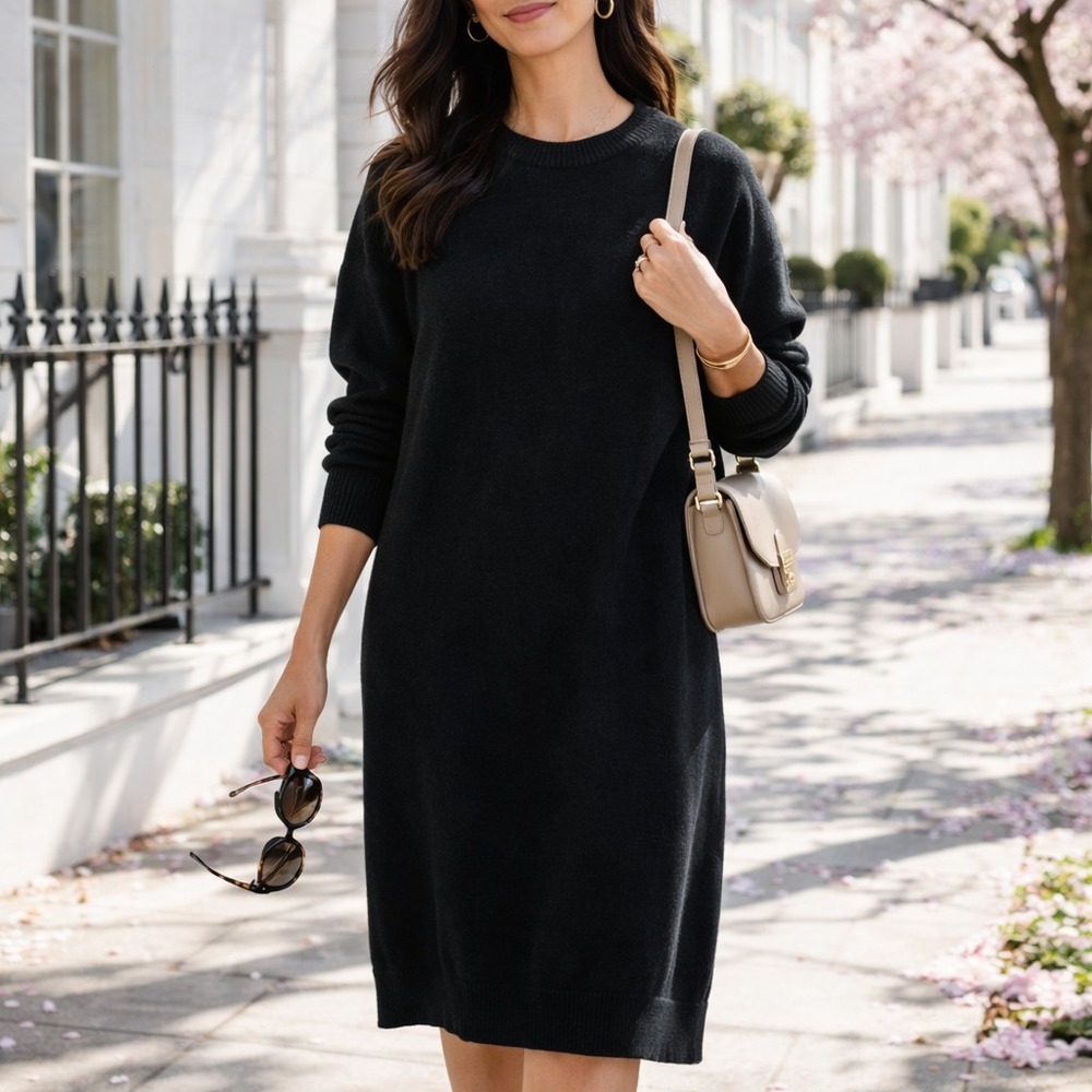 Vintage Saturn Sweater Dress Womens L Black Ribbed Knit Midi Minimalist Soft Coz